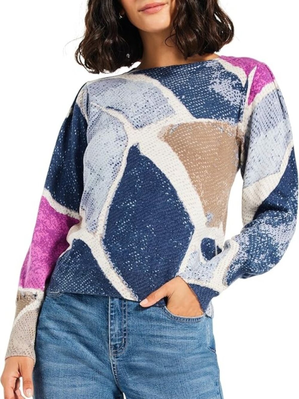 NIC+Zoe Womens Printed Tiles Femme Sleeve Sweater
